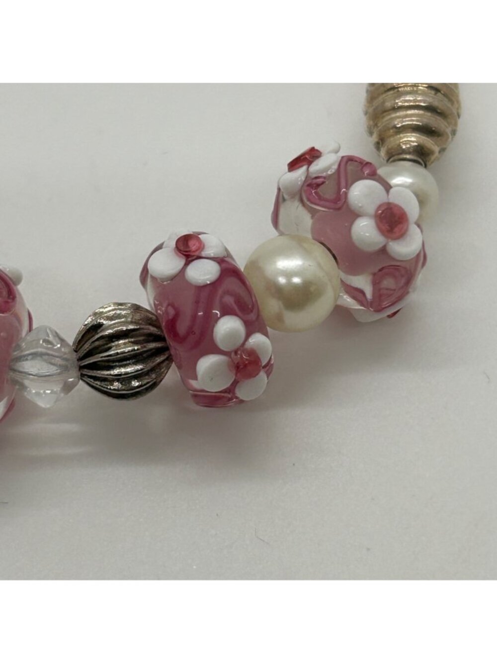 Floral Lampwork Bracelet Glass Bead Bracelet Pink White Pearl Crystal Artisan - Picture 4 of 10